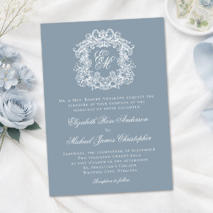 Convite Azul Poeirento Elegante Crista Monograma Casamento