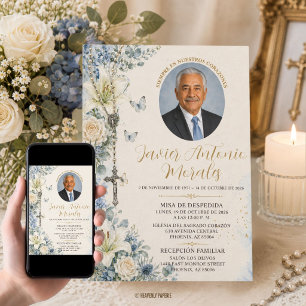 Convite Azul Poeirento Floral Branco Foto Funeral Católico