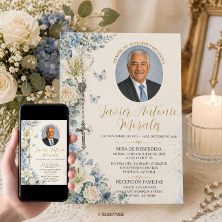 Convite Azul Poeirento Floral Branco Foto Funeral Católico
