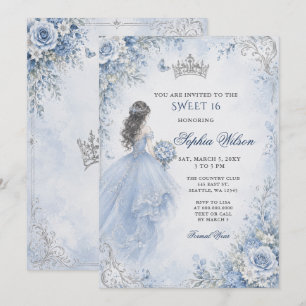 Convite Azul Poeirento Floral Prata Princesa SWEET 16