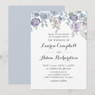 Convite Azul Poeirento & Roxo Floral Elegante Casamento Rú