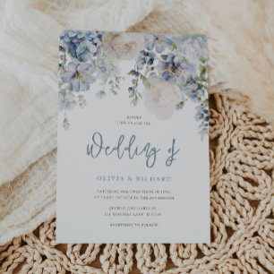 Convite Azul Poento e Flores Brancas Casamento Moderno