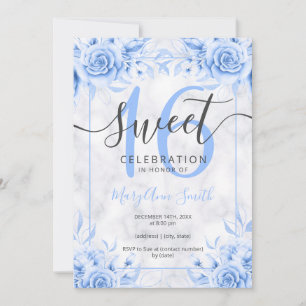 Convite Azul-Prata Doce Floral 16 Marble Glitter