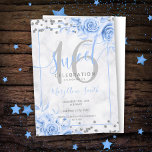 Convite Azul-Prata Doce Floral 16 Marble Glitter<br><div class="desc">Elegante 16ª Festa de aniversário Azul Floral Marble Floral Marble modelo. Apresentando um arranjo de flores moderno.</div>