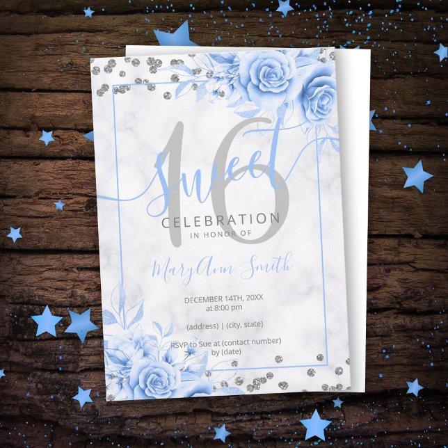 Convite Azul-Prata Doce Floral 16 Marble Glitter (Criador carregado)