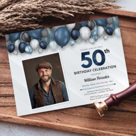 Convite Azul Prata Preta e Branca 50ª Foto de Aniversário