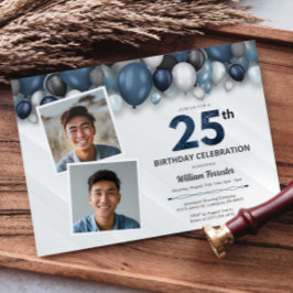 Convite Azul Prata Preto e 25 Branco Aniversário 2 Foto