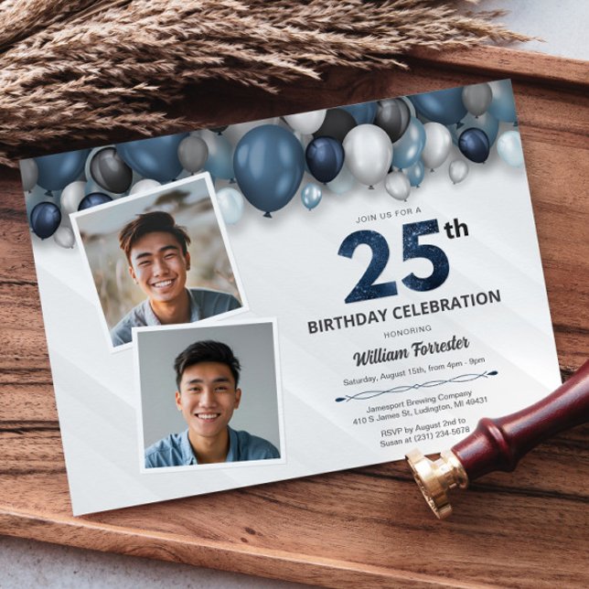 Convite Azul Prata Preto e 25 Branco Aniversário 2 Foto (Blue Silver Black & White 25th Birthday 2 Photo Invitation)