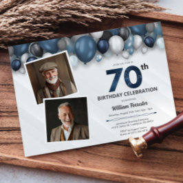 Convite Azul Prata Preto e 70 Branco Aniversário 2 Foto
