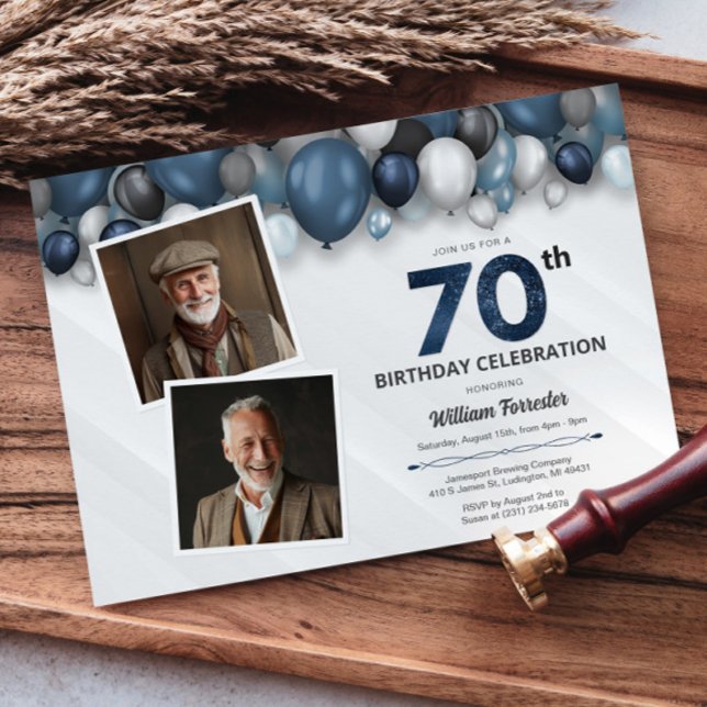 Convite Azul Prata Preto e 70 Branco Aniversário 2 Foto (Blue Silver Black & White 70th Birthday 2 Photo Invitation)