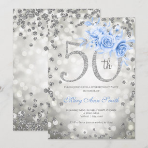 Convite Azul Prateado Floral 50ª Luzes de Verão de Anivers