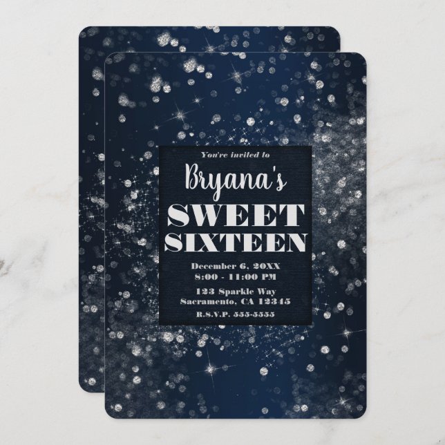 Convite Azul Prateado Luzes Espumantes Glam Doce 16 Festa (Frente/Verso)