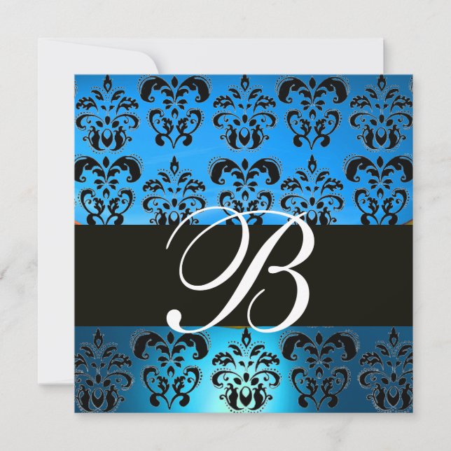 Convite AZUL PRETO DAMASCO MONOGRAMA , branco (Frente)