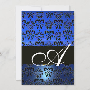 Convite AZUL  PRETO  DAMASCO MONOGRAMA ,branco brilhante