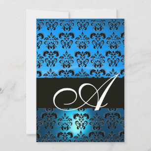 Convite AZUL PRETO MONOGRAMA DAMASCO ,branco brilhante