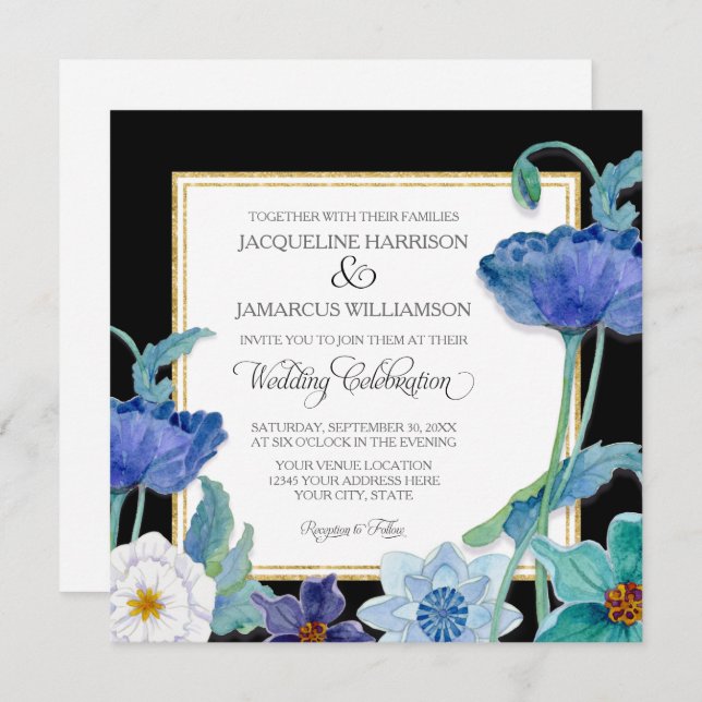 Convite Azul Preto, n Branco, Cor aquosa, Cápsula Floral S (Frente/Verso)
