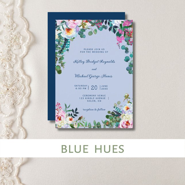 Convite Azul Prussiano e Periwinkle Boho Paradise Floral (Prussian blue and periwinkle watercolor floral makes a pretty spring wedding invitation.)