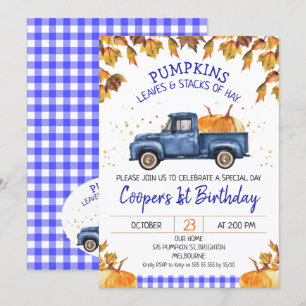 Convite Azul Pumpkin Caminhão de outono Folhagem Anivers