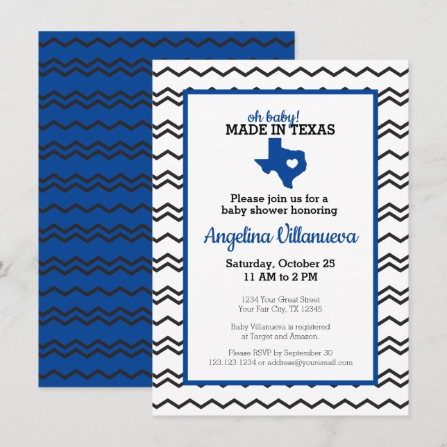 Convite Azul, Querida! Chevron Made in Texas Chá (Frente/Verso)