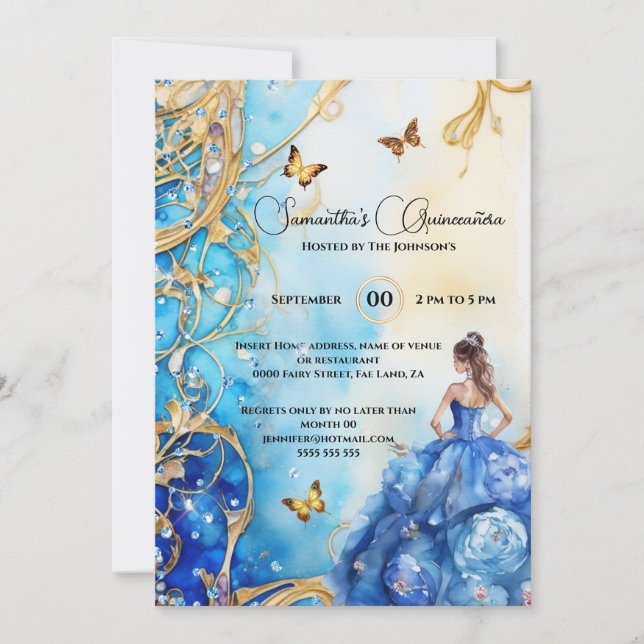 Convite Azul Quinceañera gliter borboleta floral (Frente)