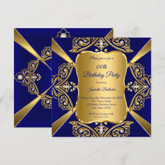 Convite Azul Real Adicionar Idade Aniversário Dourado Diam (Frente/Verso)