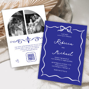 Convite Azul Real Arco Branco Código QR Foto Casamento