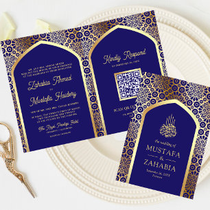 Convite Azul Real Arco Persa Código QR Casamento Muçulmano