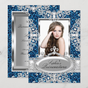 Convite Azul Real Brilho Diamante Glamour Quinceanera
