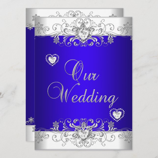 Convite Azul real Casamento Prata Diamante Corações (Frente/Verso)