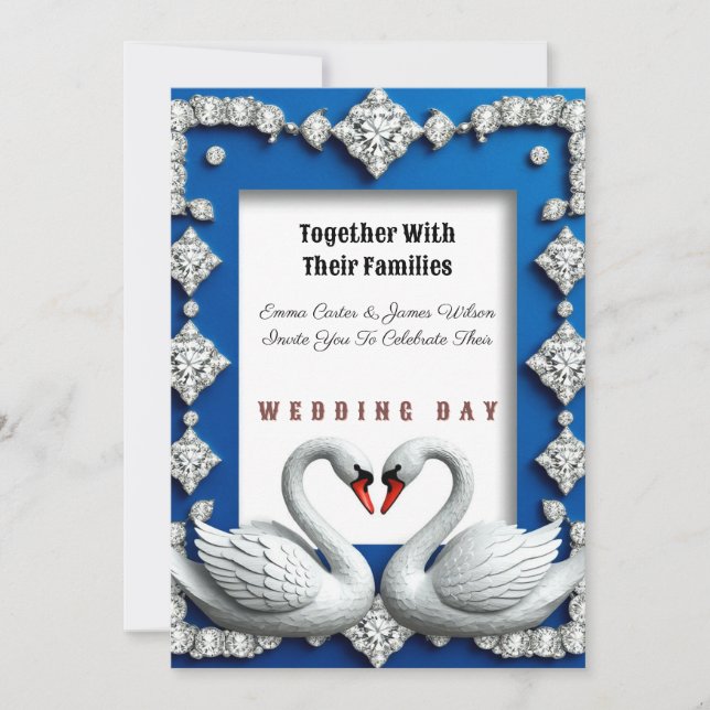 Convite 💍 Azul Real Cisne Coração Diamante Casamento (Frente)