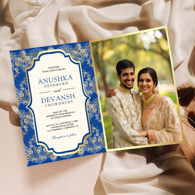 Convite Azul Real Código QR de Renda Dourada Foto Casament (Criador carregado)