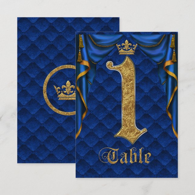 Convite Azul Real Coroa de Ouro Número da Mesa de Casament (Frente/Verso)