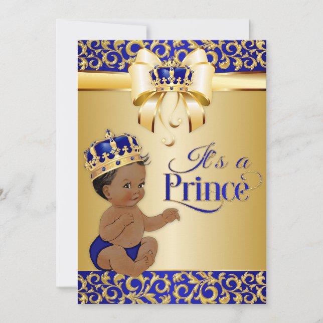 Convite Azul Real & Coroa de Príncipe Afro-Americano Doura (Frente)