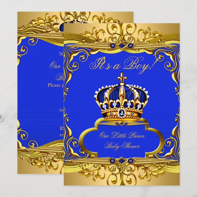 Convite Azul Real Coroa Príncipe Dourado Churrasco de Bebê (Frente/Verso)