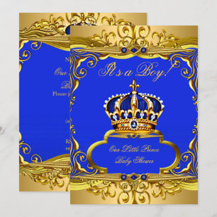 Convite Azul Real Coroa Príncipe Dourado Churrasco de Bebê