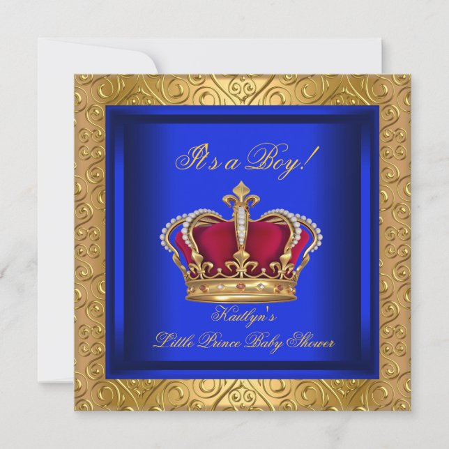 Convite Azul Real Damasco Dourado Churrasco de Bebê Menino (Frente)