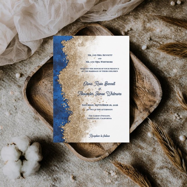 Convite Azul Real Dourado Abstrato Casamento Formal de Lux (Royal Blue Gold Wedding Invitation Luxury Navy Blue Gold Formal Wedding Invite )