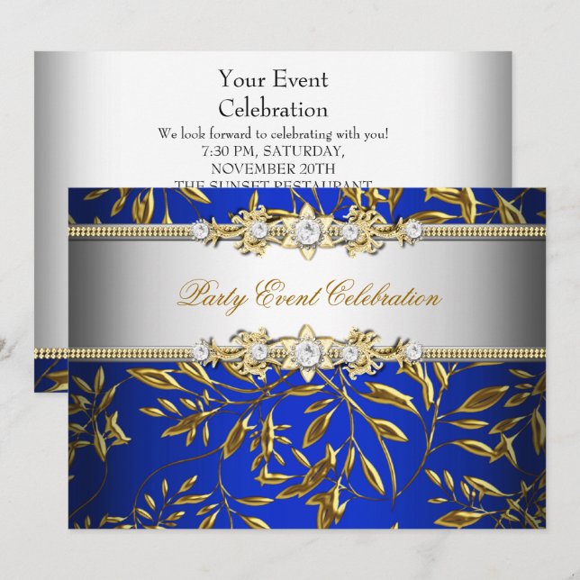 Convite Azul Real Dourado com Aspecto Repuxado Festa Elega (Frente/Verso)
