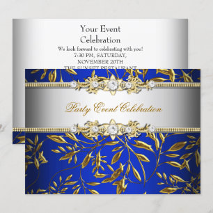 Convite Azul Real Dourado com Aspecto Repuxado Festa Elega