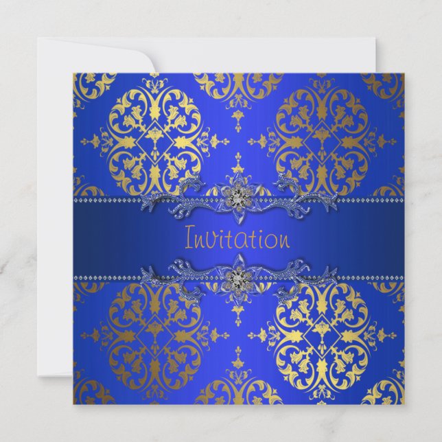 Convite Azul Real Dourado Damasco Para Qualquer Oportunida (Frente)