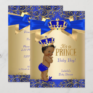 Convite Azul Real Dourado Damask Príncipe Baby Shower Étni