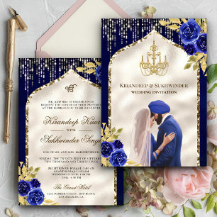 Convite Azul Real Dourado Floral Anand Karaj Casamento Sik