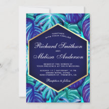 Azul Real Dourado Folha Tropical Casamento