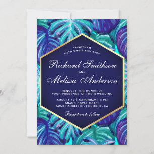 Convite Azul Real Dourado Folha Tropical Casamento