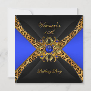 Convite Azul Real Dourado Preto Leopardo Joia Festa de Ani