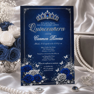 Convite Azul Real e Coroa de Prata Quinceañera Espanhola