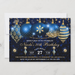 Convite Azul Real e Dourado Bolas de Natal Aniversário