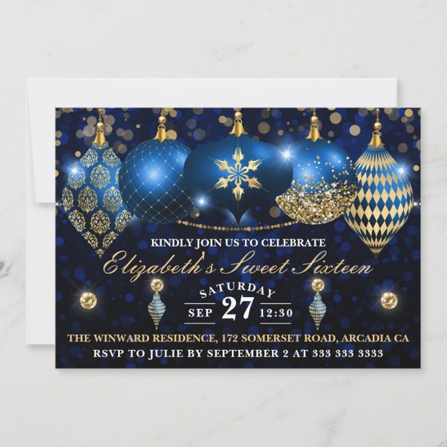 Convite Azul Real e Dourado Bolas de Natal Sweet 16 (Frente)