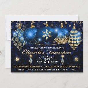 Convite Azul Real e Dourado Christmas Baubles Quinceañera