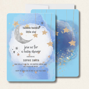 Convite Azul Real e Dourado Lua Estrelas Abstratas